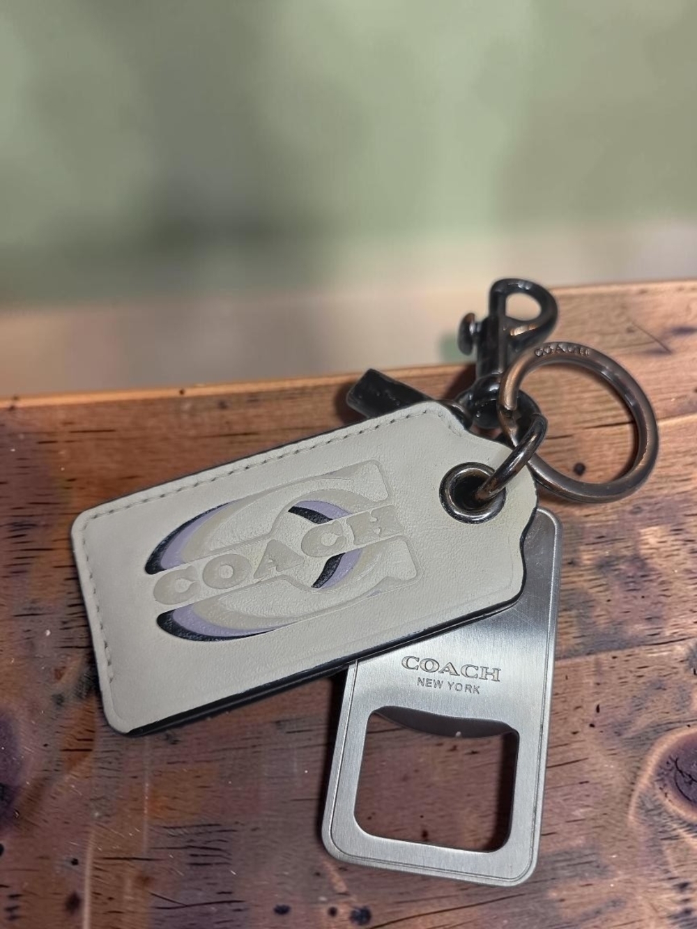 COACH White Leather Logo Keychain with Silver Bottle Opener Preloved